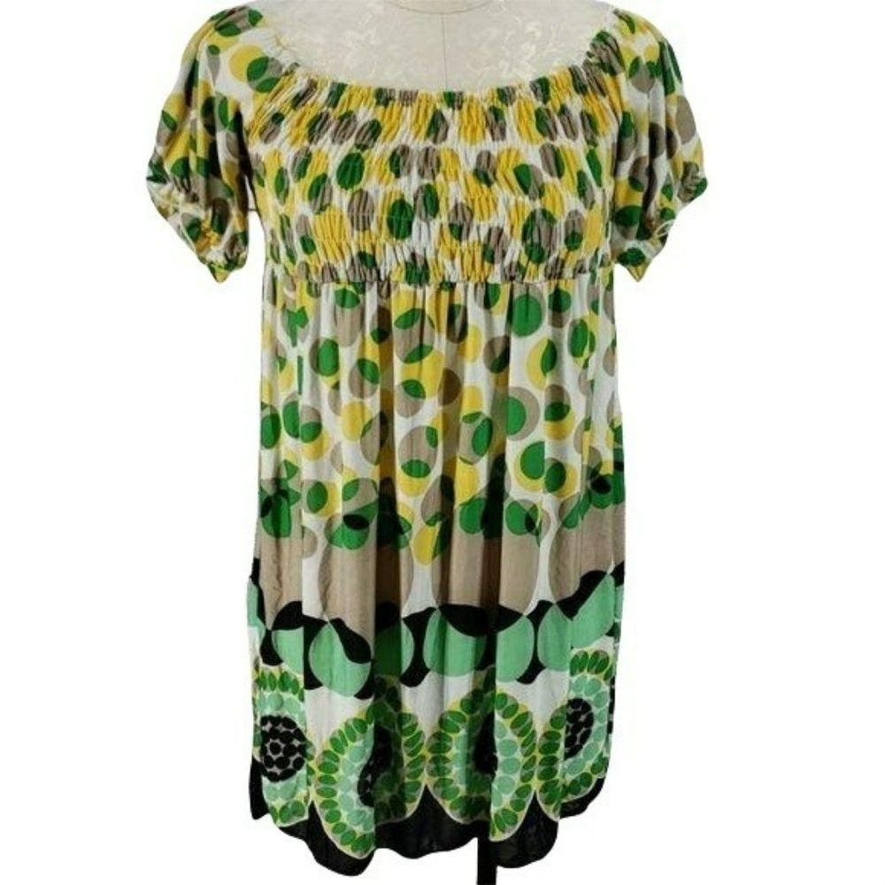 Moon River Green Yellow Polka Dot Smocked Off Shoulder Bubble Hem Mini Dress S